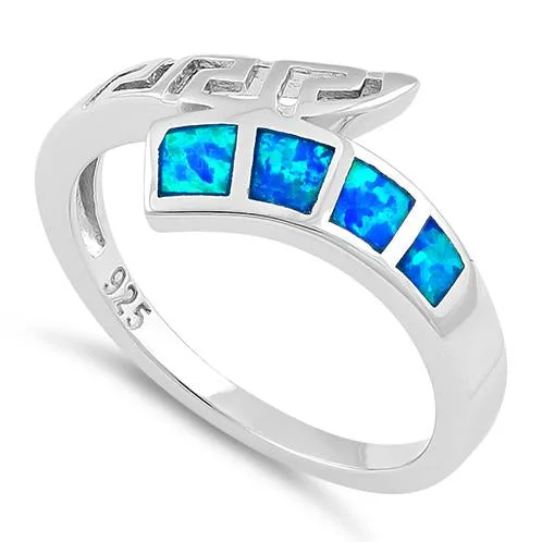 Gold-Plated Wedding Rings-Sterling Silver Greek 4 Square Blue Lab Opal Ring