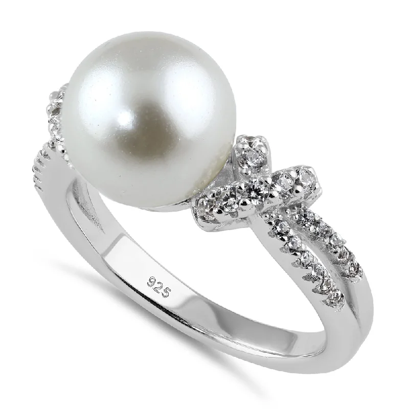 Promise Ring with Birthstone-Sterling Silver Knot Shell Pearl CZ Engagement Ring