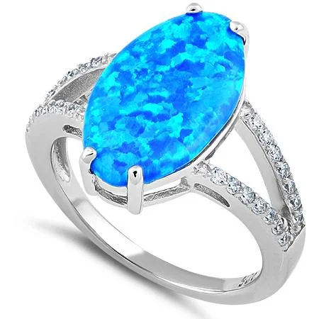 Stackable Engagement Rings-Sterling Silver Marquise Blue Lab-Opal Ring