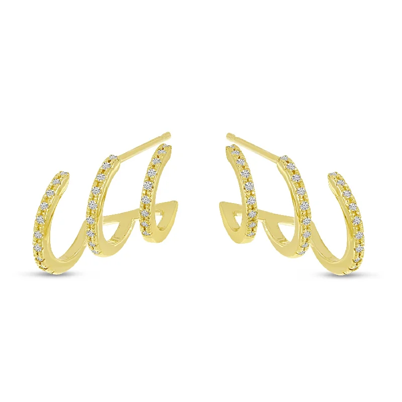 Bright Hoop Earrings-14K Yellow Gold 0.14ct. Diamond Triple Row Huggie Earrings