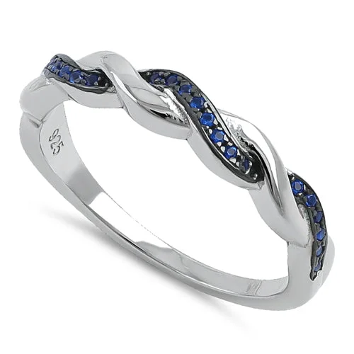 Men’s Engagement Rings-Sterling Silver and Black Rhodium Plated Braided with Blue CZ Ring