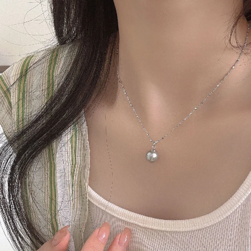 Chunky Necklaces-Elegant Solid Color Sterling Silver Plating Inlay Artificial Pearls White Gold Plated Pendant Necklace