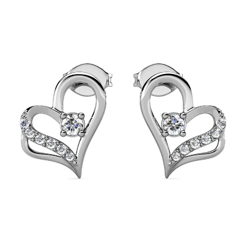 Colored Stone Hoop Earrings-Kara 18k White Gold Plated Silver Heart Stud Earrings with Swarovski Crystals