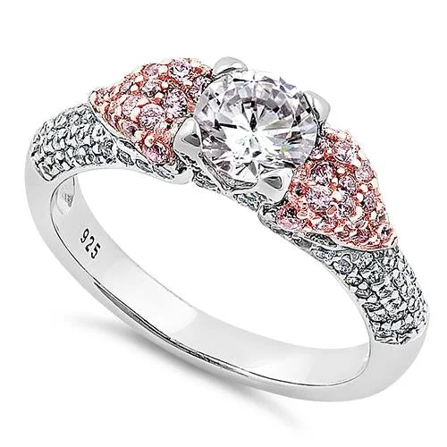 Women’s Gold Engagement Rings-Sterling Silver Majestic Two Tone Rose Gold Plated Round Cut Clear & Pink CZ Ring