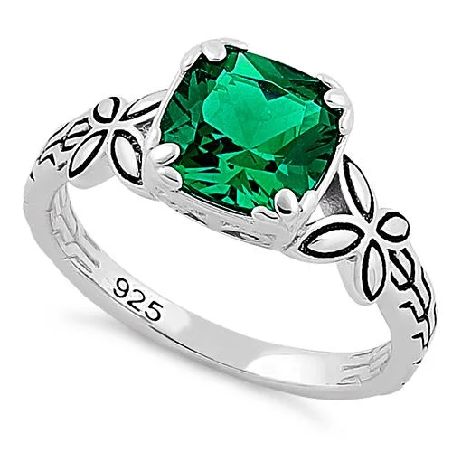 Women’s Gold Engagement Rings-Sterling Silver Twin Butterfly Cushion Cut Green CZ Ring