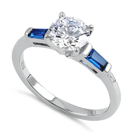 Custom Sapphire Rings-Sterling Silver Round and Baguette Cut Blue and Clear CZ Ring