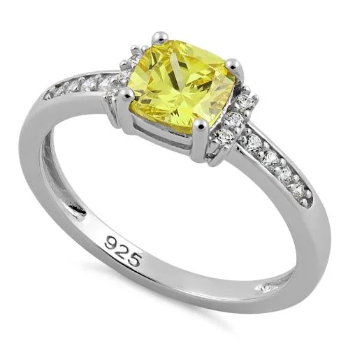 Custom Signet Wedding Rings-Sterling Silver Cushion Yellow CZ Ring