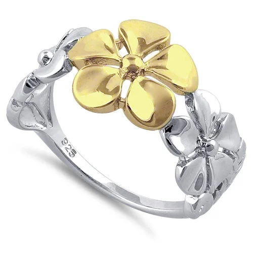 Gold Wedding Ring Sets-Sterling Silver Two Tone Gold Plated Triple Plumeria Ring