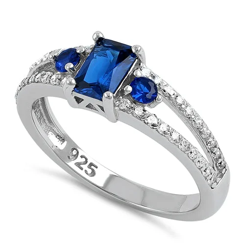 Silver Wedding Bands for Men-Sterling Silver Blue Spinel Radiant CZ Ring