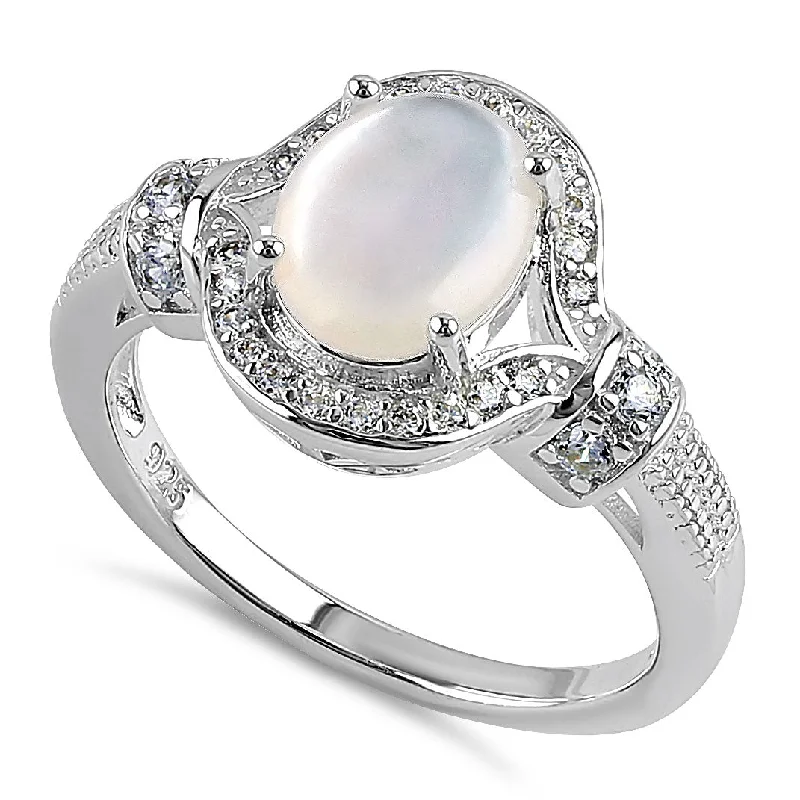 Bridal Ring Sets-Sterling Silver Elegant Oval Mother of Pearl CZ Ring