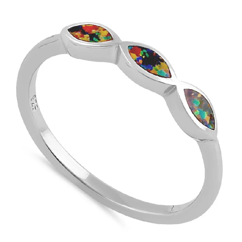 Two-Tone Wedding Rings-Sterling Silver Triple Marquise Black Lab Opal Ring