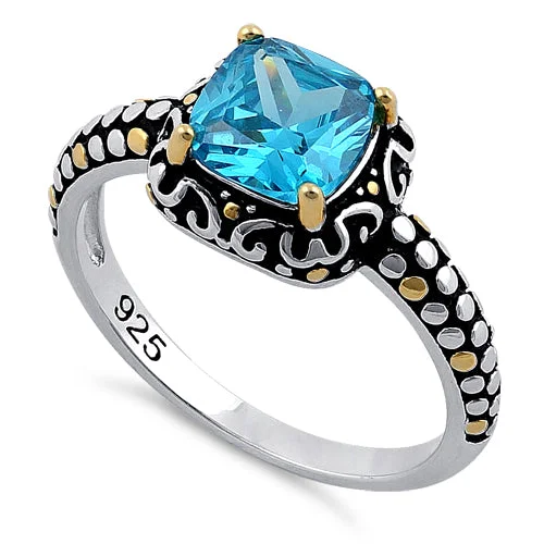 Custom Gemstone Rings-Sterling Silver Celtic Blue Topaz Cushion CZ Ring