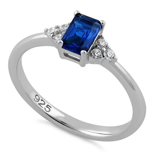 Ruby Wedding Rings-Sterling Silver Precious Emerald Cut Blue Spinel CZ Ring