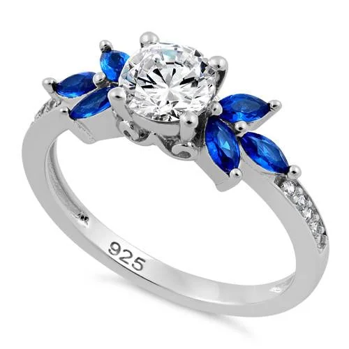 Silver Engagement Rings-Sterling Silver Flower Leaves Blue Spinel Clear CZ Ring