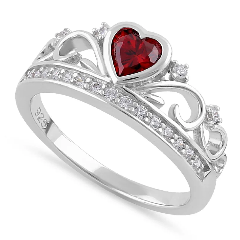 Simple Promise Rings-Sterling Silver Heart Crown Garnet CZ Ring