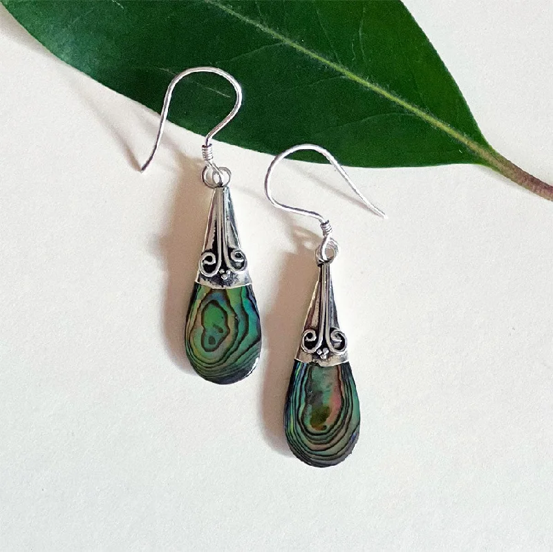 Geometric Earrings-Abalone Filigree Teardrop Earrings - Sterling Silver, Indonesia