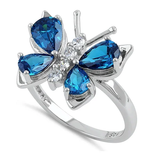 Gemstone Wedding Bands-Sterling Silver Large Blue Topaz CZ Butterfly Ring