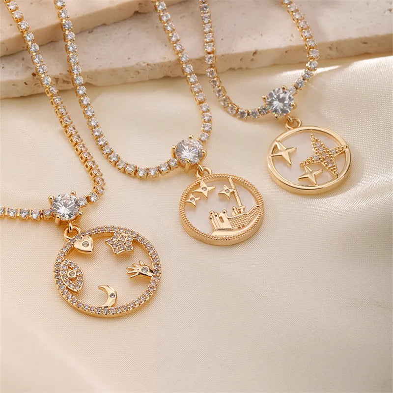 Cross Necklaces-Wholesale Elegant Lady Streetwear Star Moon Copper Hollow Out Inlay K Gold Plated Zircon Pendant Necklace