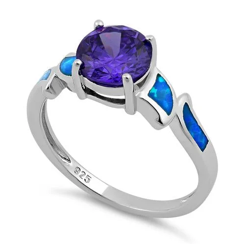 Engagement Rings with Custom Settings-Sterling Silver Amethyst Center Round Stone Blue Lab Opal Ring