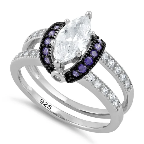 Wedding Ring Sets-Sterling Silver Clear Marquise Amethyst CZ Black Plating Ring