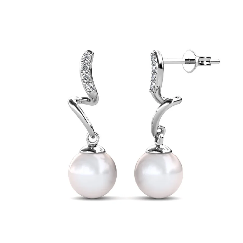 Bold Statement Earrings-Ophelia 18k White Gold Plated Drop Pearl Earrings with Swarovski Crystals