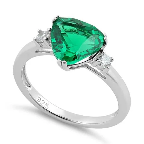 High-End Diamond Rings-Sterling Silver Trillion Cut Emerald CZ Ring