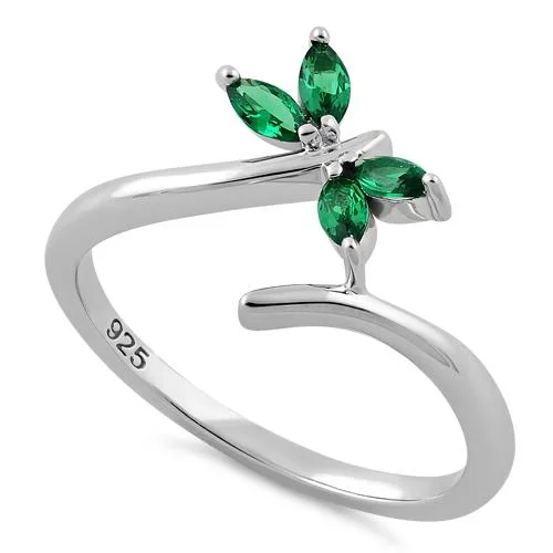 Engraved Wedding Bands-Sterling Silver Dragonfly Green CZ Ring