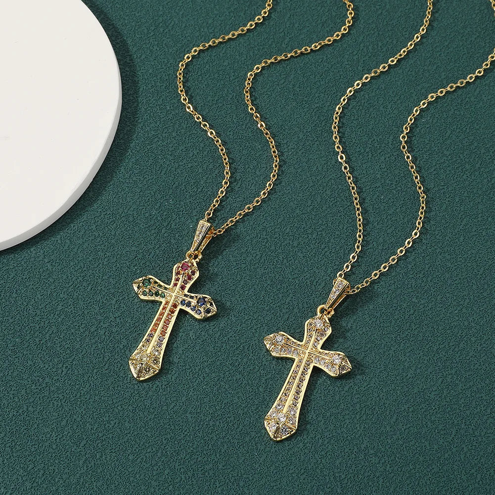 Natural Gemstone Necklaces-Simple Style Cross Copper Inlay Zircon Pendant Necklace