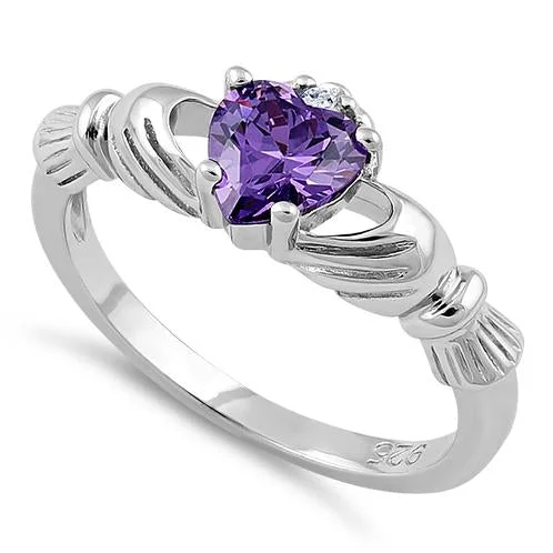 Designer Wedding Sets-Sterling Silver Claddagh Amethyst CZ Ring