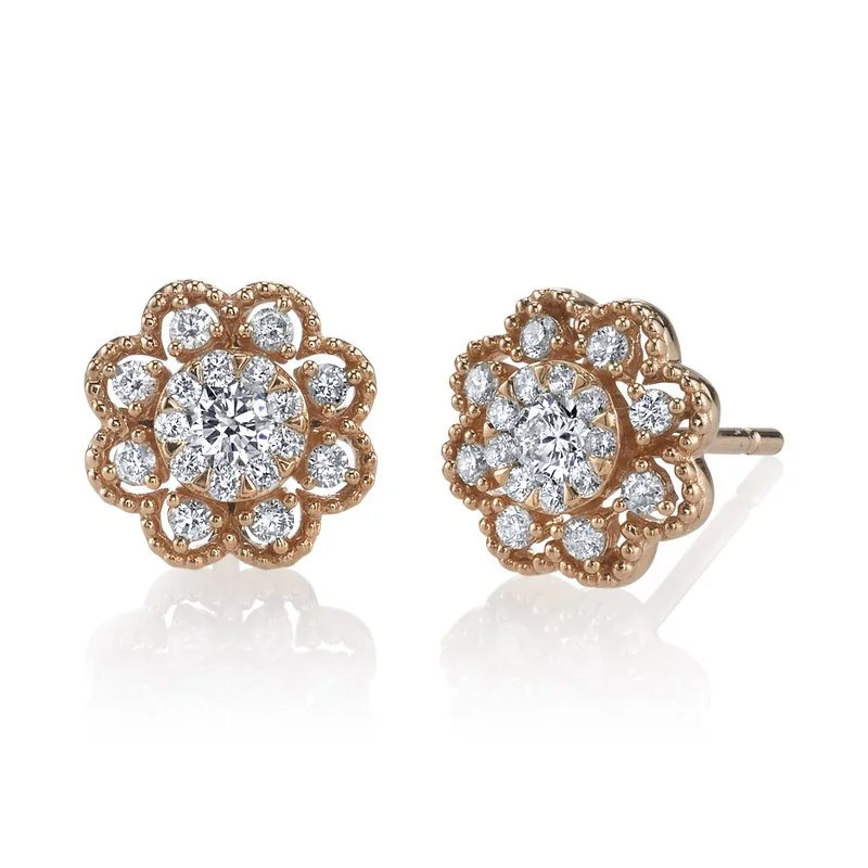 Geometric Gold Drop Earrings-14K Rose Gold 0.42ct. Diamond Floral Accent Stud Earrings