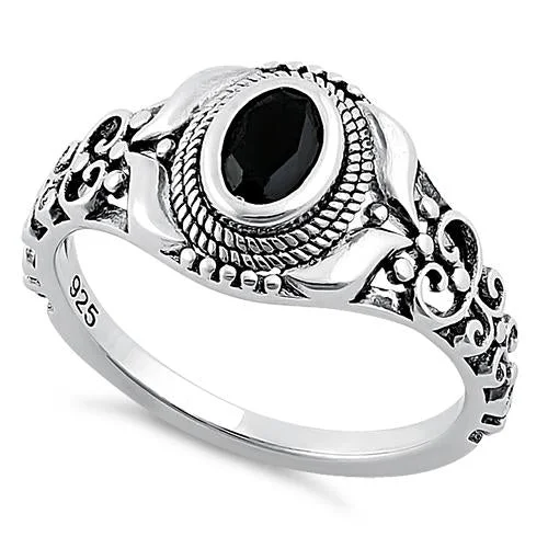 High-End Diamond Rings-Sterling Silver Austere Oval Cut Black CZ Ring