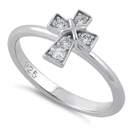 Designer Wedding Sets-Sterling Silver Cross Clear CZ Ring