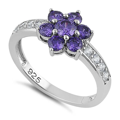 Custom Birthstone Rings-Sterling Silver Amethyst Plumeria Flower CZ Ring