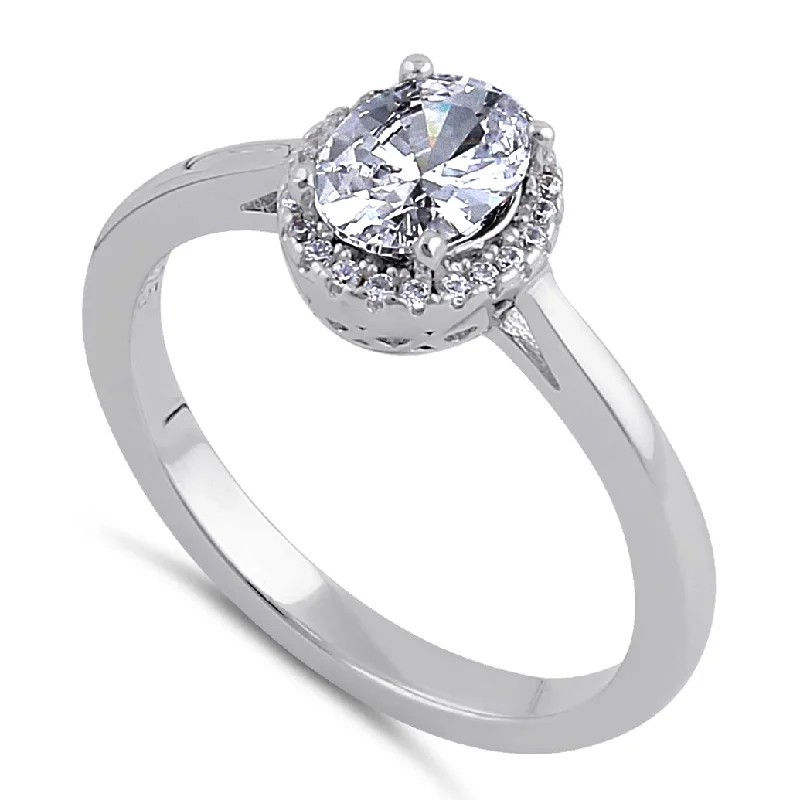 Customized Fashion Rings for Women-Sterling Silver Clear CZ Oval Halo Ring