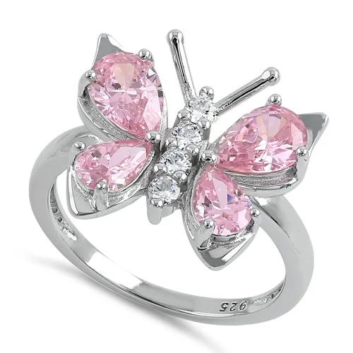 Designer Rose Gold Rings-Sterling Silver Large Pink CZ Butterfly Ring