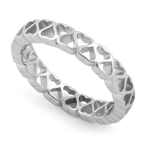 High-End Wedding Band Sets-Sterling Silver Eternity Hollow Hearts Ring