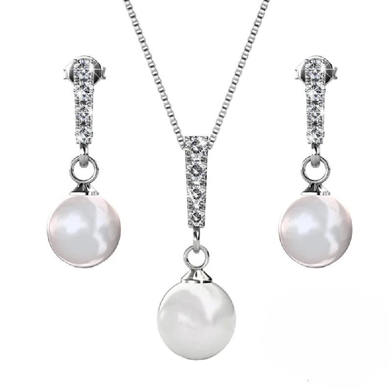 Chunky Drop Earrings-Gabrielle 18k White Gold Plated Pearl Drop Earrings and Necklace Jewelry Set with Swarovski Crystals