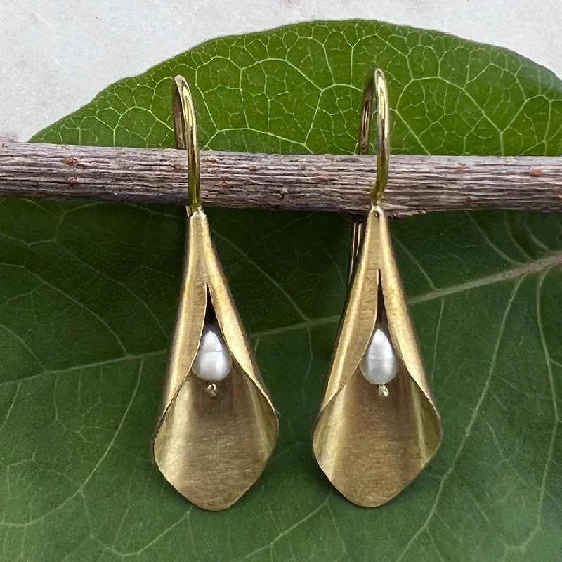 Long Gold Earrings-Sacred Lily Earrings - Brass, Indonesia