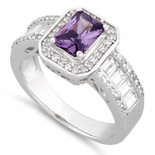 Classic Promise Rings-Sterling Silver Emerald Cut Amethyst Clear CZ Ring