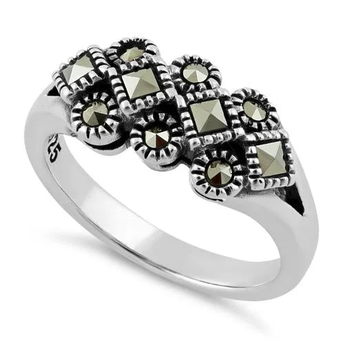 Women’s Engagement Ring Sets-Sterling Silver Square and Round Marcasite Ring