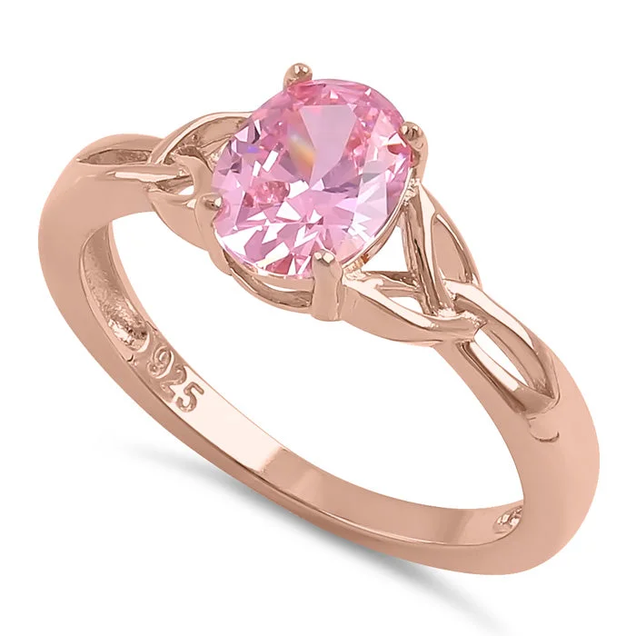 Rose Gold Engagement Rings-Sterling Silver Rose Gold Plated Charmed Oval Pink CZ Ring