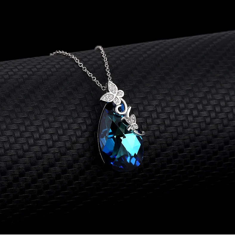 Fashion Necklaces-Fashion Butterfly Austrian Crystal Sterling Silver Water Drop Pendant Necklace