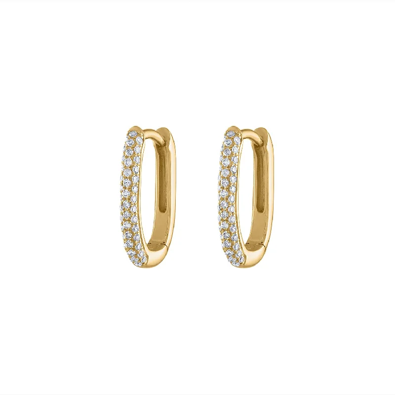 Unique Hoop Drop Earrings-14KT GOLD PAVE DIAMOND OVAL HUGGIE EARRING