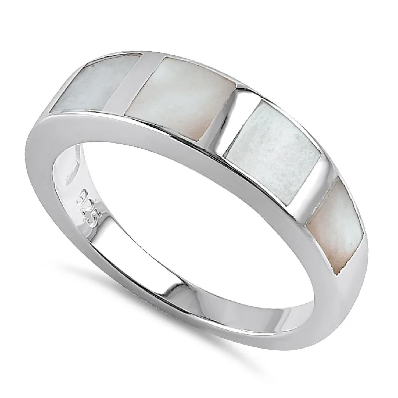 Designer Wedding Sets-Sterling Silver 5 Bar Mother of Pearl Ring