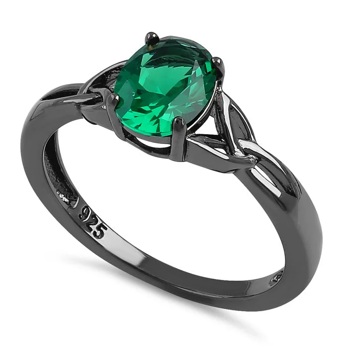 Unique Birthstone Wedding Rings-Sterling Silver Black Rhodium Plated Charmed Oval Green CZ Ring