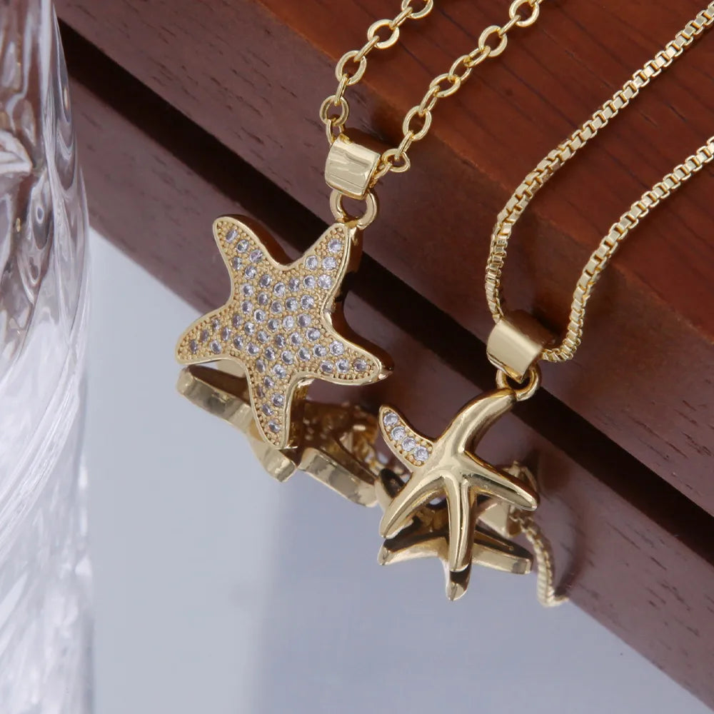 Bridal Necklaces-Copper 18K Gold Plated Starfish Zircon Pendant Necklace