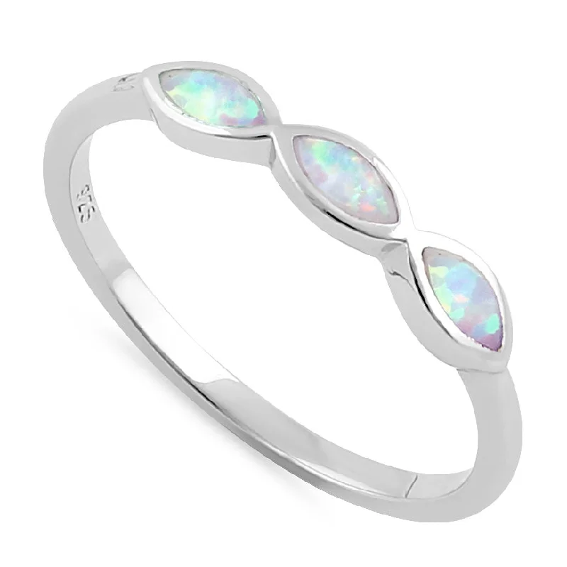 High-Quality Engagement Rings-Sterling Silver Triple Marquise White Lab Opal Ring