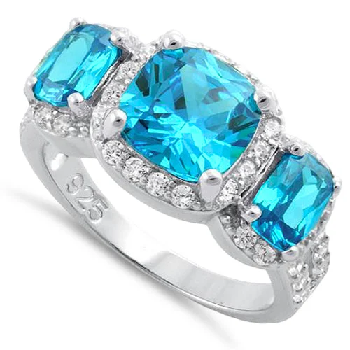 Heart-Shaped Engagement Rings-Sterling Silver Aqua Blue Three Stone Halo CZ Ring