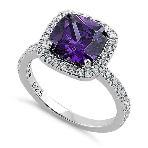 Men’s Wedding Rings with Engraving-Sterling Silver Cushion Cut Amethyst CZ Ring