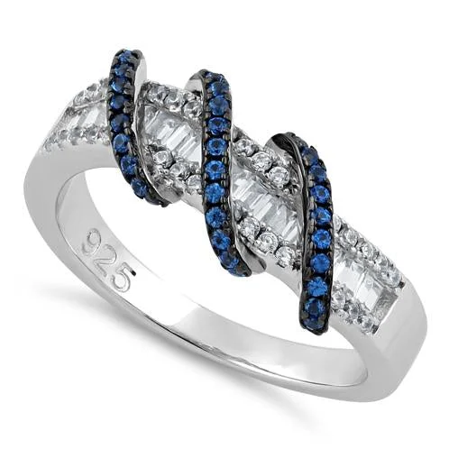 Vintage Wedding Bands-Sterling Silver Exotic Twisted Blue Spinel CZ Ring